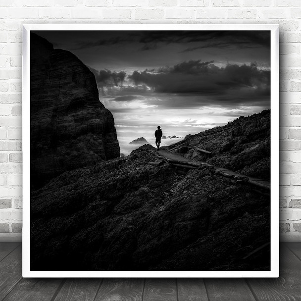 Landscape Black And White Mountain Walk Square Wall Art Print