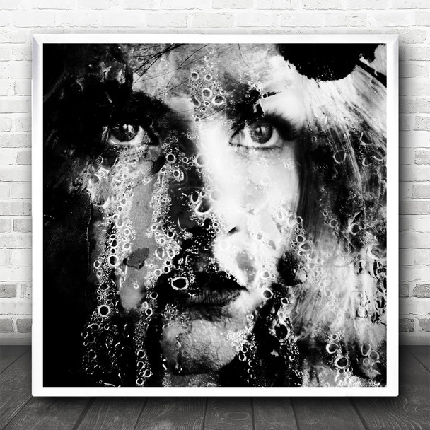 Portrait Woman Model Girl B&W Creative Edit Bubble Bubbles Square Wall Art Print