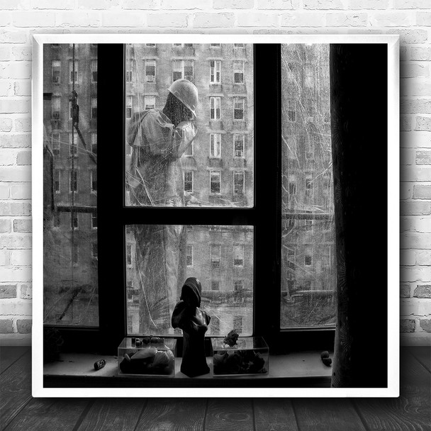 Encounter Statue Windows Street Window Black And White Perspective Square Print