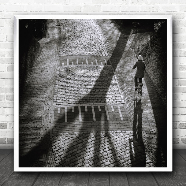 Street Stones Shadow Cyclist B&W Tree Person Bike Bicycle Ride Square Art Print