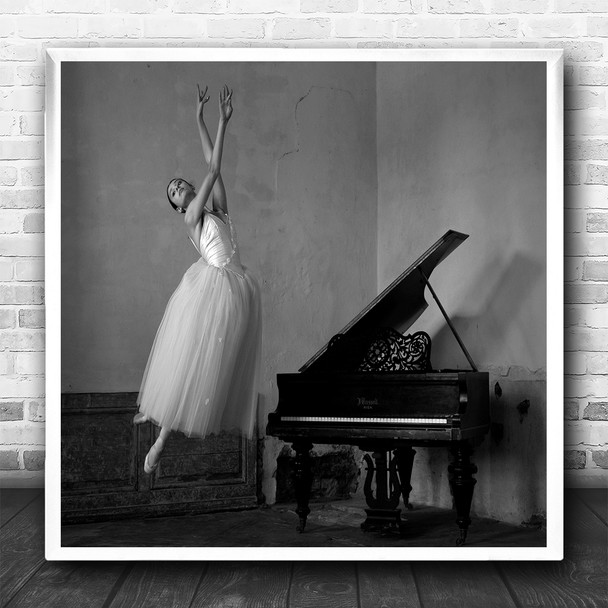 Piano Grand B&W Music Ballet Ballerina Performance Girl Model Square Art Print