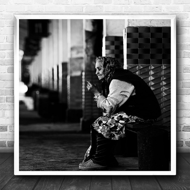 Street Lady Woman Old Smoke Sitting Bench Black White Square Wall Art Print
