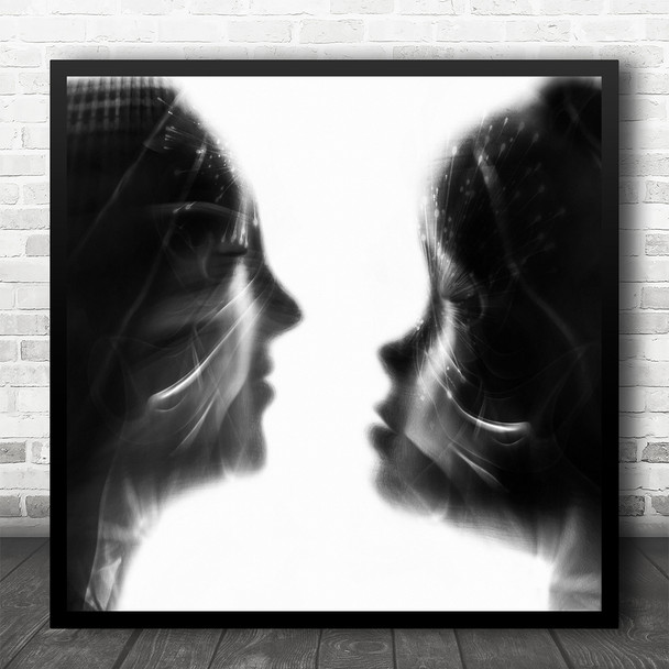 Head Faces Lines Creative Black And White Silhouette Square Wall Art Print