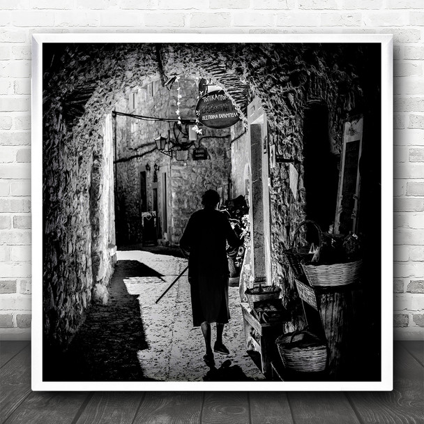 Old Woman Silhouette Behind Back Alley Town Walking Square Wall Art Print