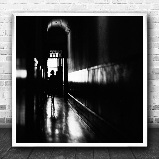 Corridor Dark Low Key Silhouette Woman Black White Square Wall Art Print