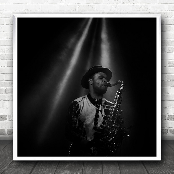 Saxophone Action Jazz Sax Concert Black And White Square Wall Art Print