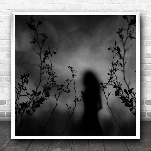 Black And White Silhouette Blur Branches Gloomy Square Wall Art Print