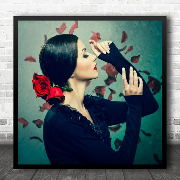 Portrait Woman Falling Roses Beautiful Square Wall Art Print