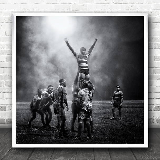Black And White Sport Rugby Celebration Team Square Wall Art Print