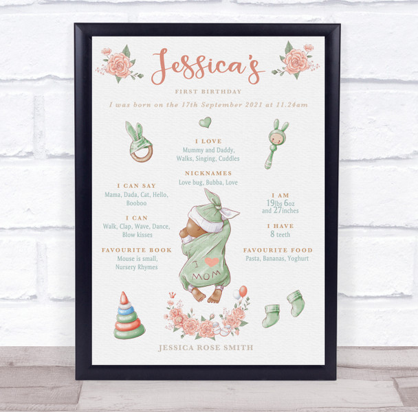 Light Skin 1st Birthday First Year Baby Milestones Achievements Interests Print