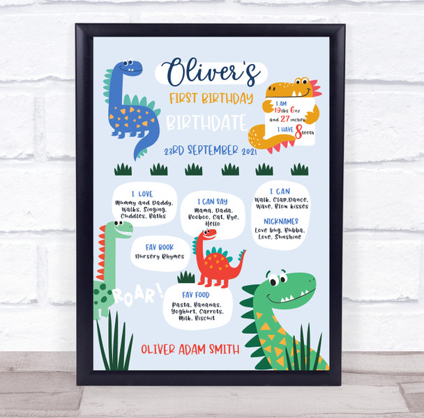 1st Birthday First Year Dinosaur Milestones Achievements Interests Gift Print