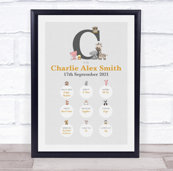 New Baby Birth Details Christening Nursery Animals Initial C Keepsake Gift Print