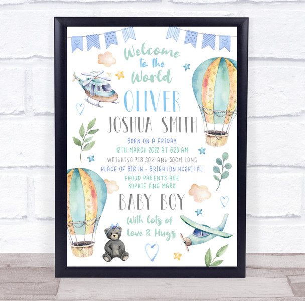 New Baby Birth New-born Nursery Christening Hot Air Balloons Keepsake Gift Print