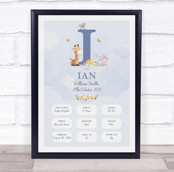 New Baby Birth Details Christening Nursery Blue Initial I Keepsake Gift Print