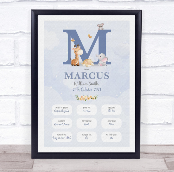 New Baby Birth Details Christening Nursery Blue Initial M Keepsake Gift Print