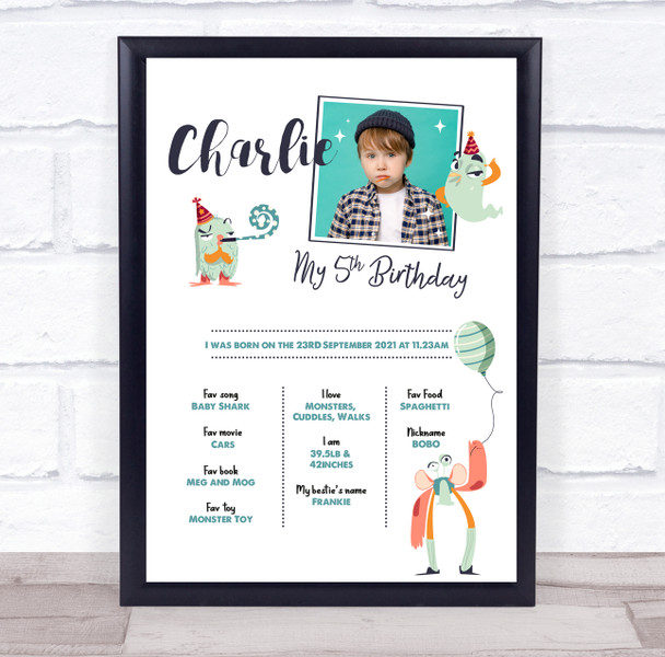 Any Age Birthday Favourite Things Interests Milestones Photo Monsters Gift Print