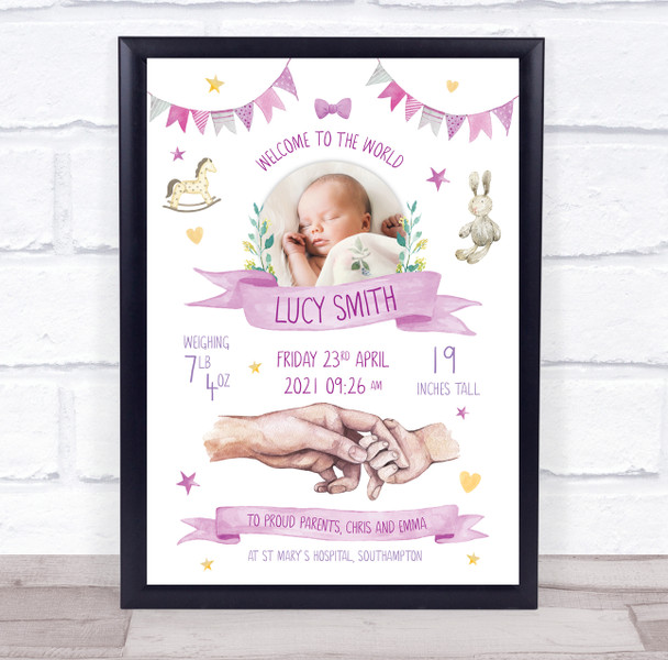 Pink Photo New Baby Birth Details Nursery Christening Keepsake Gift Print