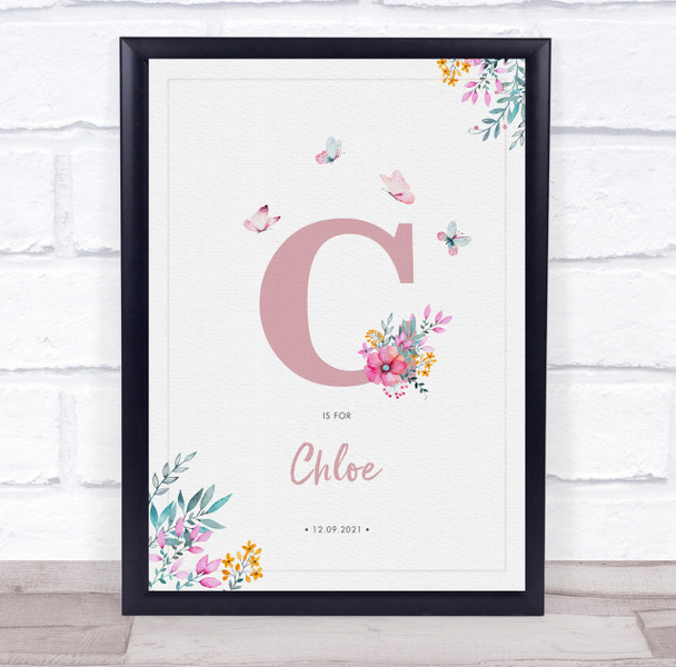 Pink Initial C Watercolour Flowers Baby Birth Details Nursery Christening Print