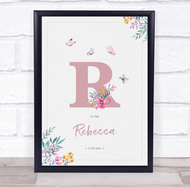 Pink Initial R Watercolour Flowers Baby Birth Details Nursery Christening Print