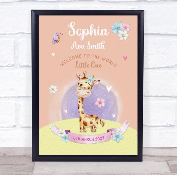 New Baby Birth Details New-born Nursery Christening Giraffe Keepsake Gift Print