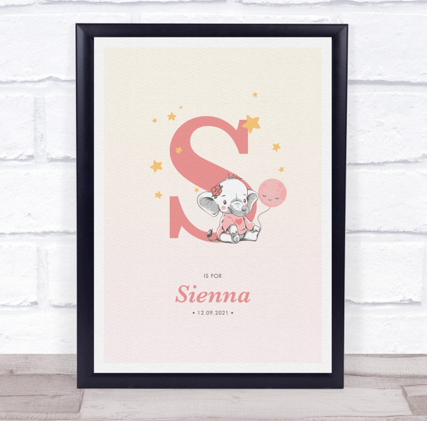 Pink Baby Girl Elephant Initial S Baby Birth Details Nursery Christening Print