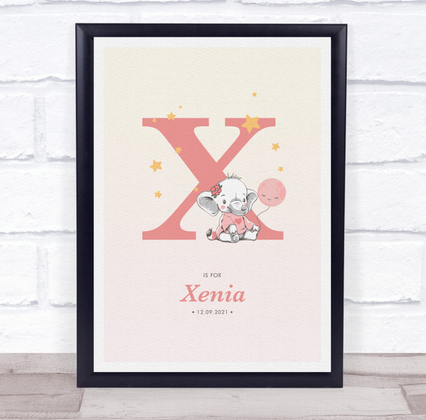 Pink Baby Girl Elephant Initial X Baby Birth Details Nursery Christening Print