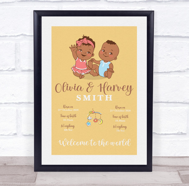 New Baby Birth Details Christening Nursery Dark Skin Boy Girl Twins Gift Print