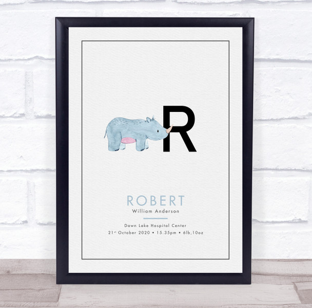 New Baby Birth Details Christening Nursery Initial R Rhino Keepsake Gift Print