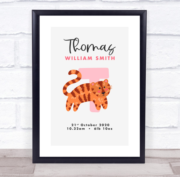 New Baby Birth Details Christening Nursery Initial T Tiger Keepsake Gift Print