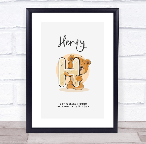 New Baby Birth Details Christening Nursery Bear Initial H Keepsake Gift Print