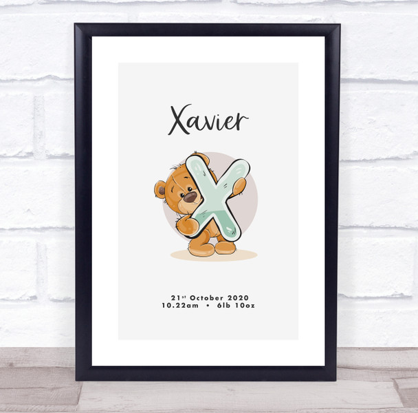 New Baby Birth Details Christening Nursery Bear Initial X Keepsake Gift Print