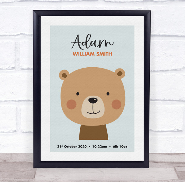 New Baby Birth Details Nursery Christening Cute Bear Face Keepsake Gift Print