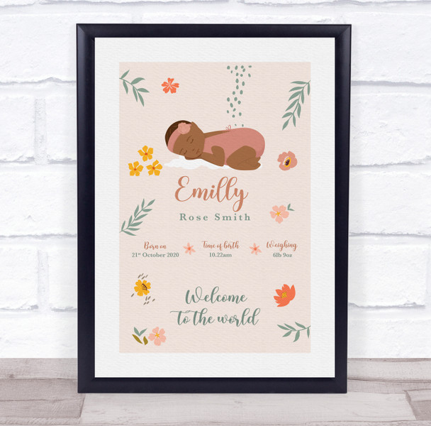 New Baby Birth Details Christening Nursery Dark Skin Girl Floral Gift Print