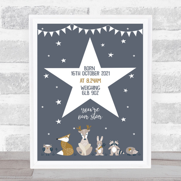 Birth Details Nursery Christening New Baby Woodland Animals Star Gift Print