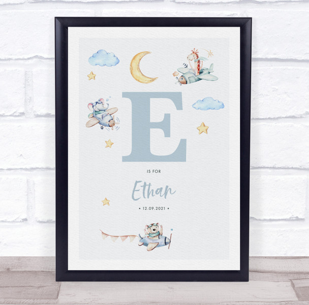 New Baby Birth Details Nursery Christening Blue Planes Initial E Gift Print