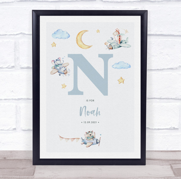 New Baby Birth Details Nursery Christening Blue Planes Initial N Gift Print