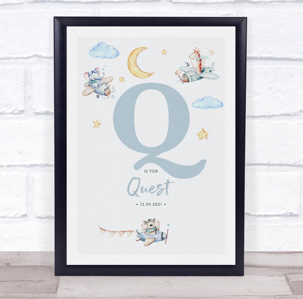 New Baby Birth Details Nursery Christening Blue Planes Initial Q Gift Print