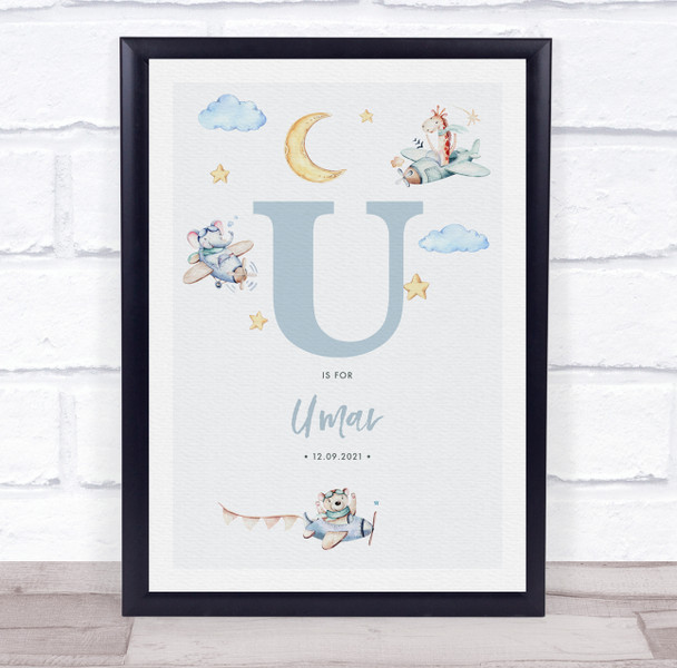 New Baby Birth Details Nursery Christening Blue Planes Initial U Gift Print