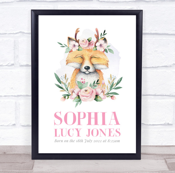 New Baby Birth Details New-born Nursery Christening Fox Keepsake Gift Print