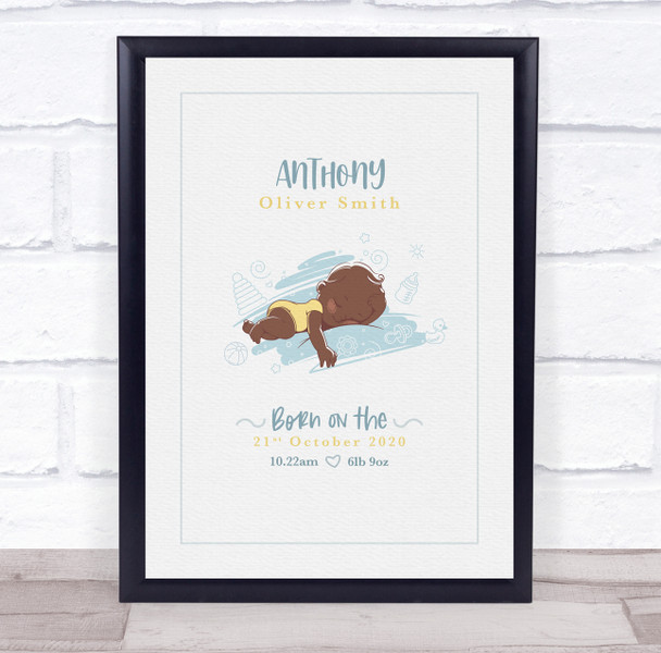 New Baby Birth Details Christening Nursery Dark Skin Boy Pillow Gift Print