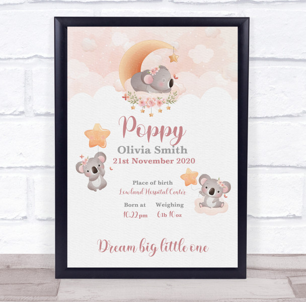 New Baby Birth Details Christening Nursery Koala Bears Keepsake Gift Print