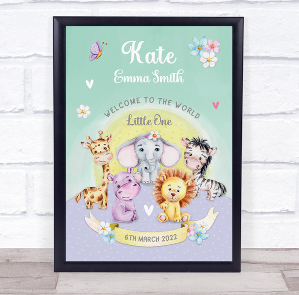 New Baby Birth Details Nursery Christening Cute Jungle Animals Gift Print