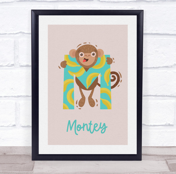 Initial Funky Letter M With Monkey Personalised Children's Wall Art Print