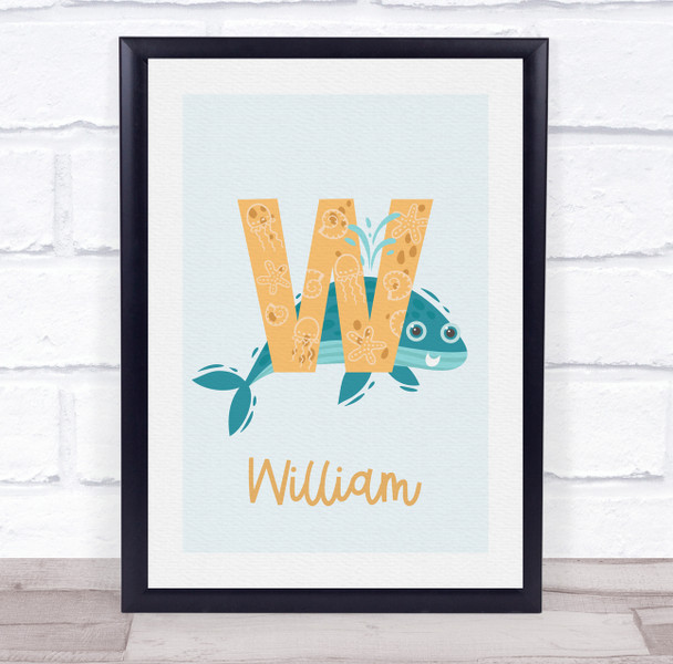 Initial Funky Letter W With Whale Personalised Children's Wall Art Print