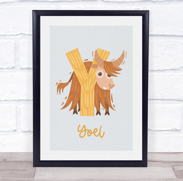 Initial Funky Letter Y With Yak Personalised Children's Wall Art Print