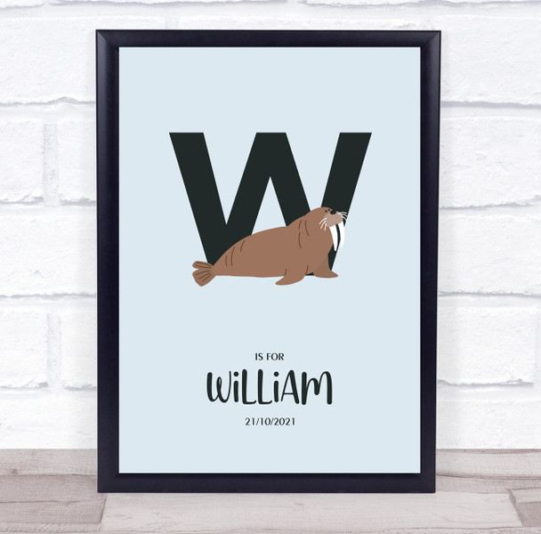 Initial Letter W With Walrus Personalised Children's Wall Art Print