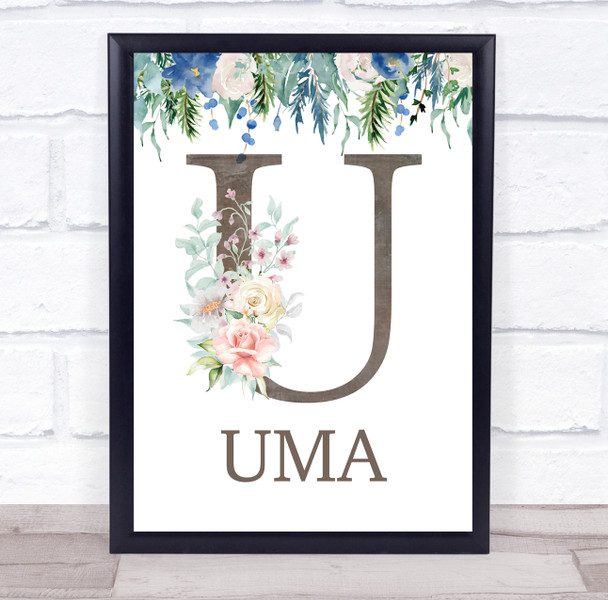 Floral Any Name Initial U Personalised Children's Wall Art Print