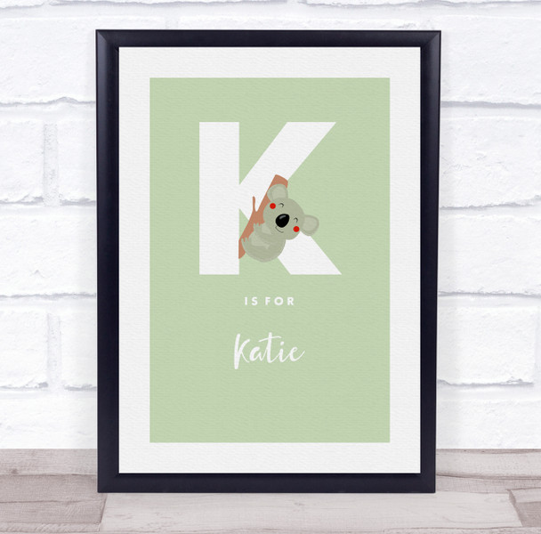 Initial Letter K Koala Personalised Children's Wall Art Print