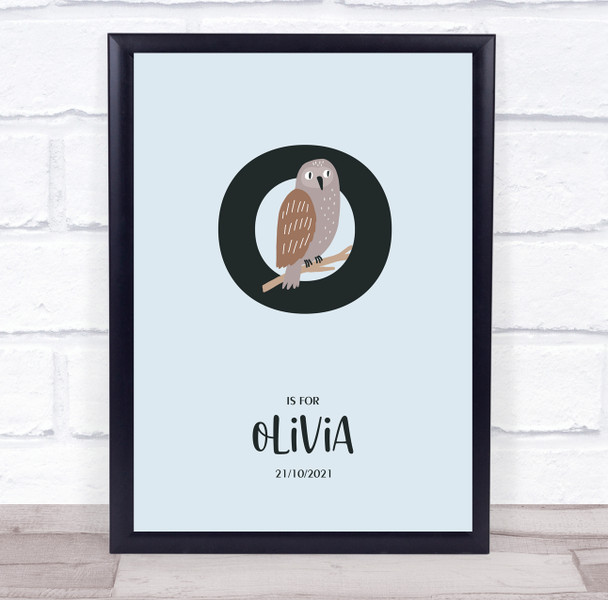 Initial Letter O Owl Personalised Children's Wall Art Print
