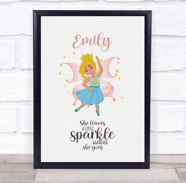 Little Fairy In Blue Dress Personalised Children's Wall Art Print